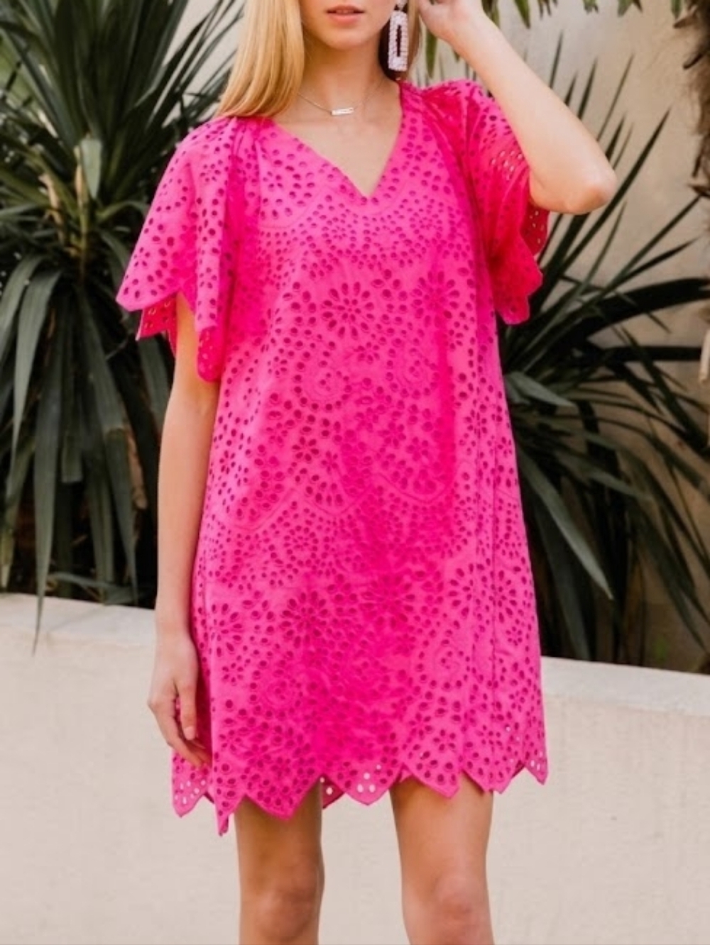 Abbey Glass Helen Eyelet A-Line Scalloped Hem Magenta Dress Size Small